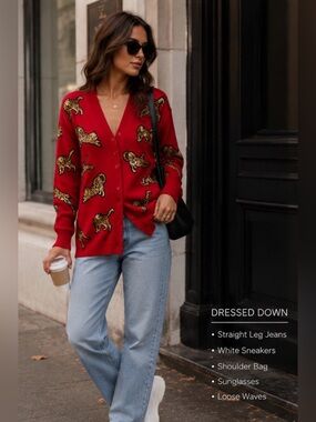 Alice + Olivia Red Bengal Cat Embroidered Grandpa Cardigan – Wool Blend, Size M